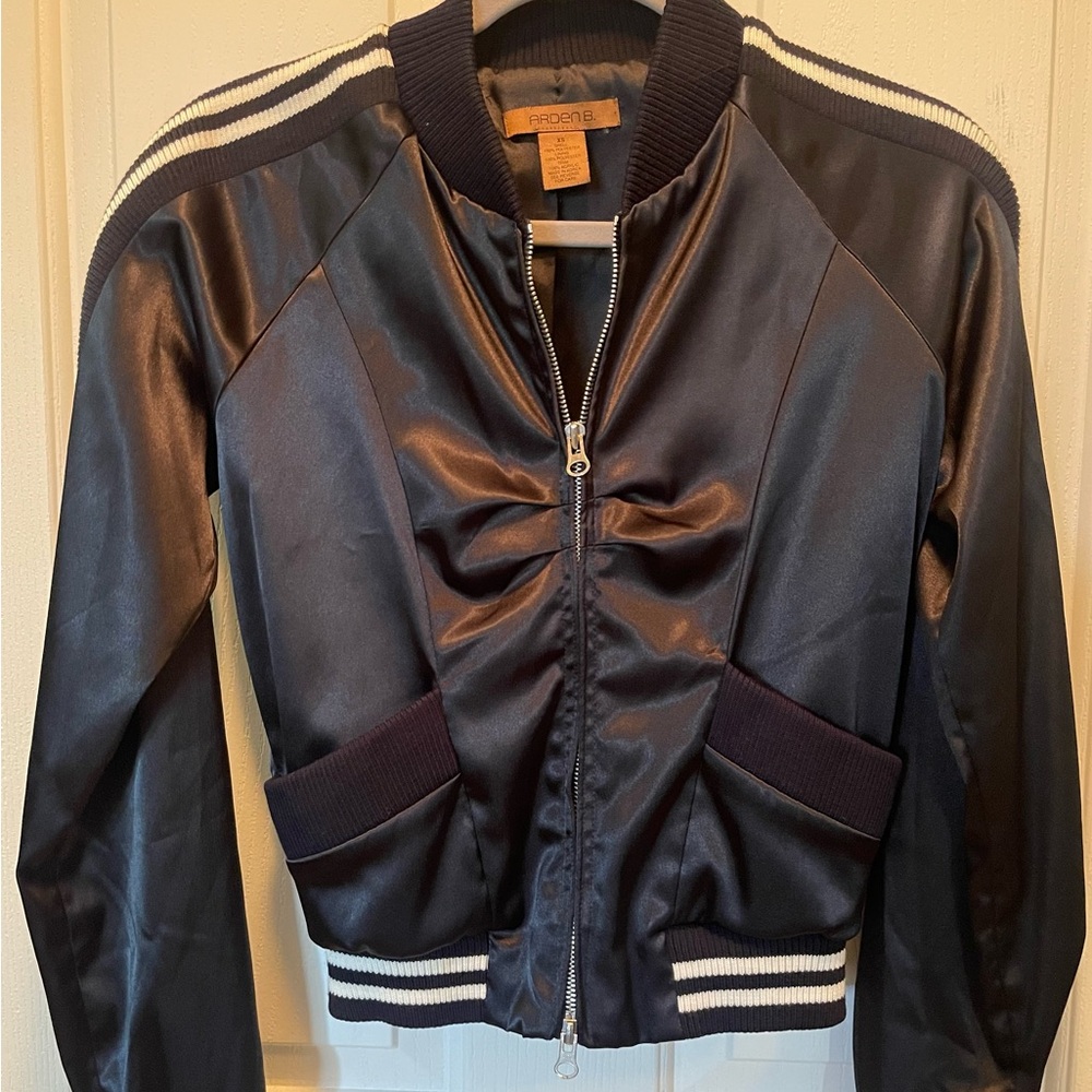 Arden B. Navy Satin Bomber Jacket